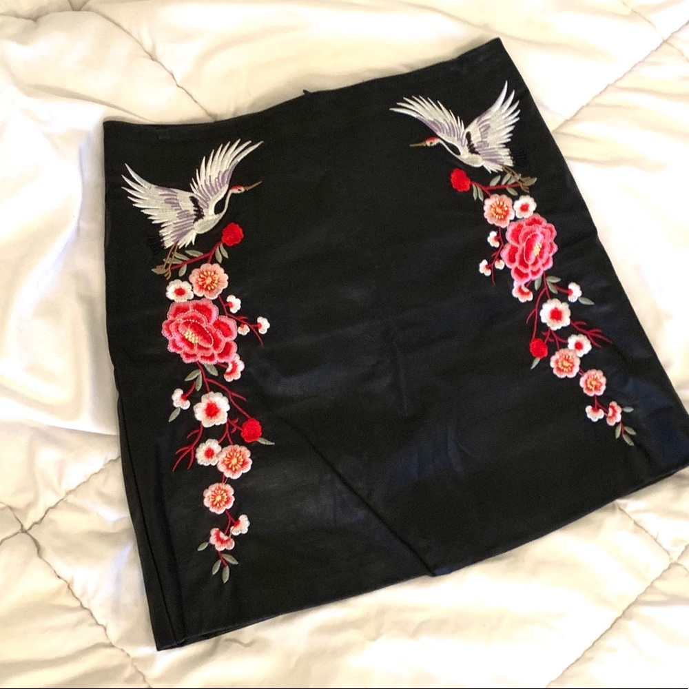 Faux Leather Embroidered Skirt
